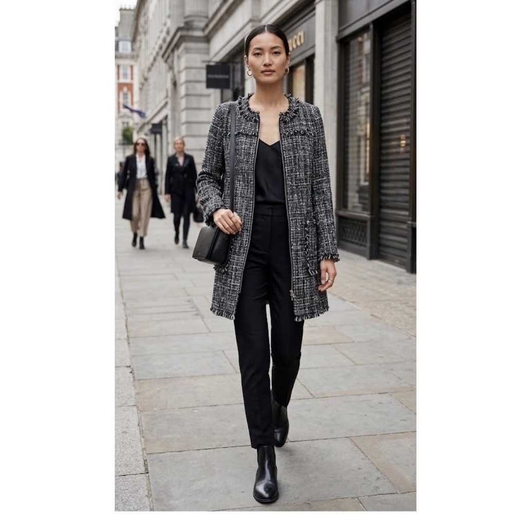 J. Crew Coat Black White Tweed‎ Zip Longline Lady Jacket Fringe Trim Size 8 NWT